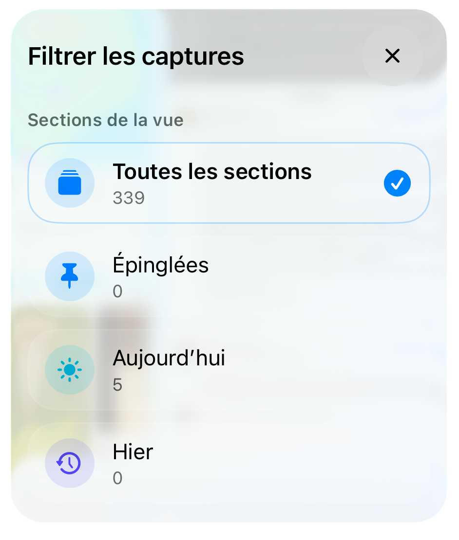 Filtres de la vue Toutes les captures