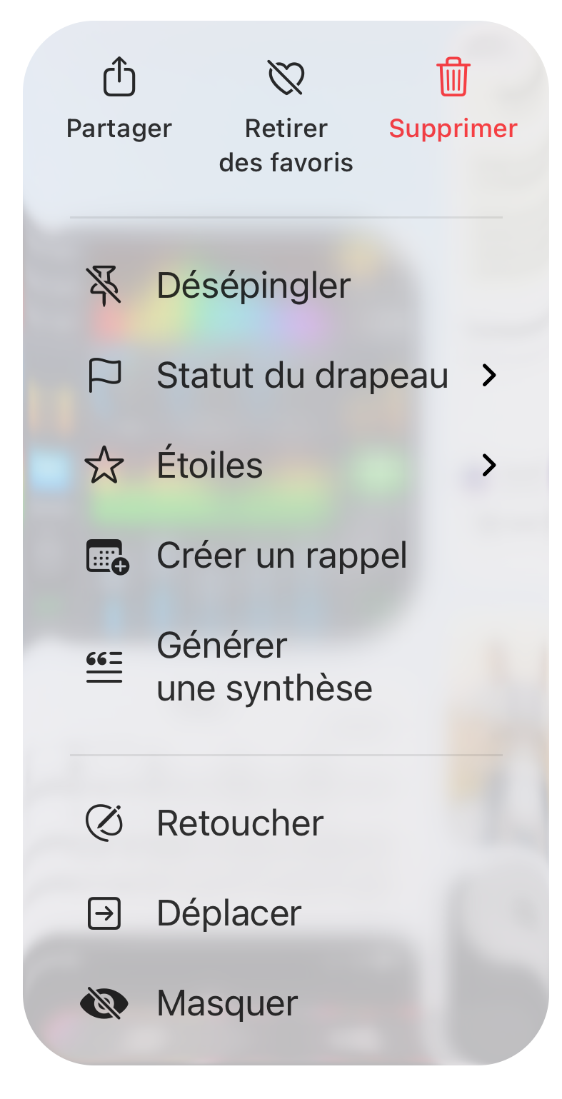 Menu d’actions sur une capture