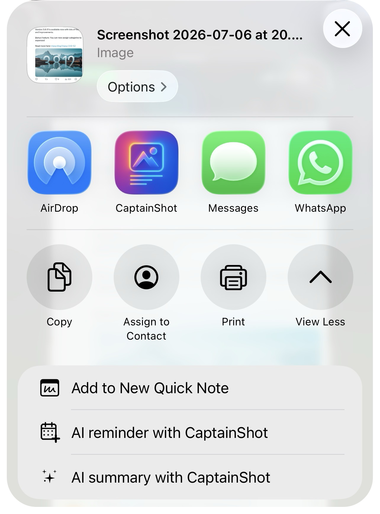 CaptainShot actions from the share sheet