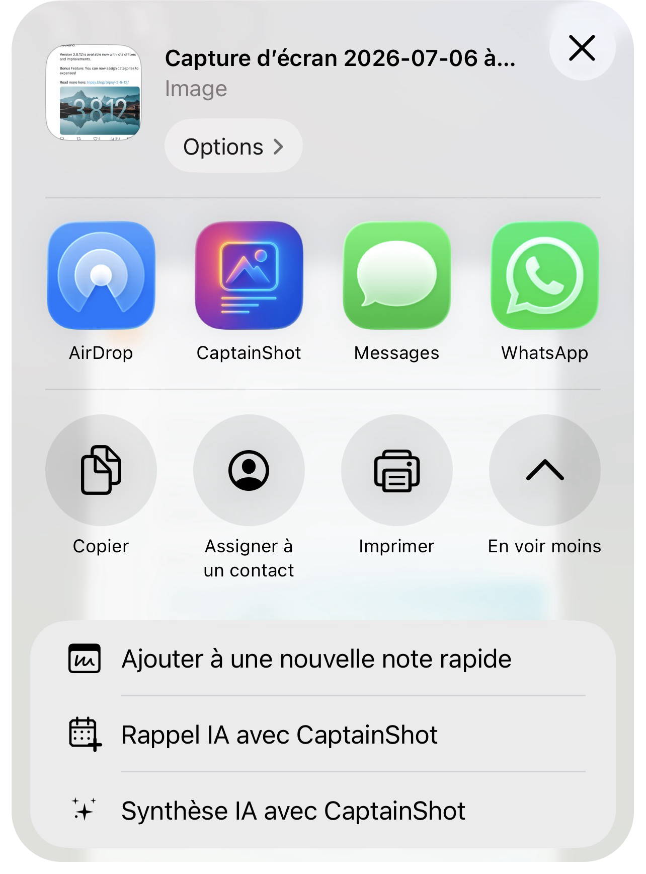 Actions CaptainShot depuis la feuille de partage